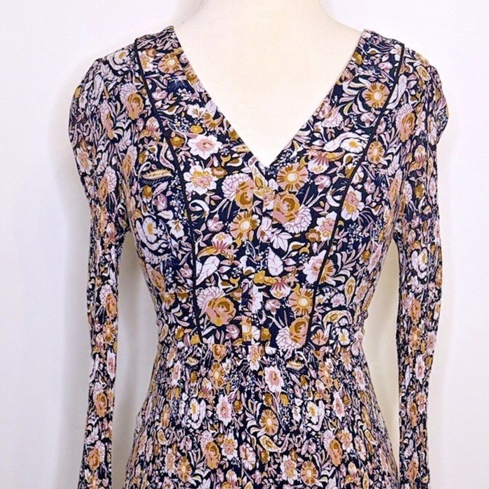 Caroll Paris Floral V-Neck Mini Dress Long Sleeve with Waist Tie Size 38 Cottage